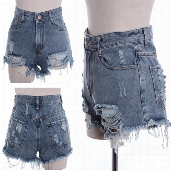 Women's Punkrock Street Hole Water Wash Retro  Hig Hwaist Shoets Jeans