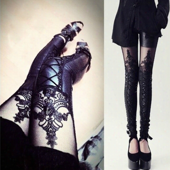 Women's Syjthetic Lether Stitching Embroidery Bundled Hollow Lace Leggins Psntyhose