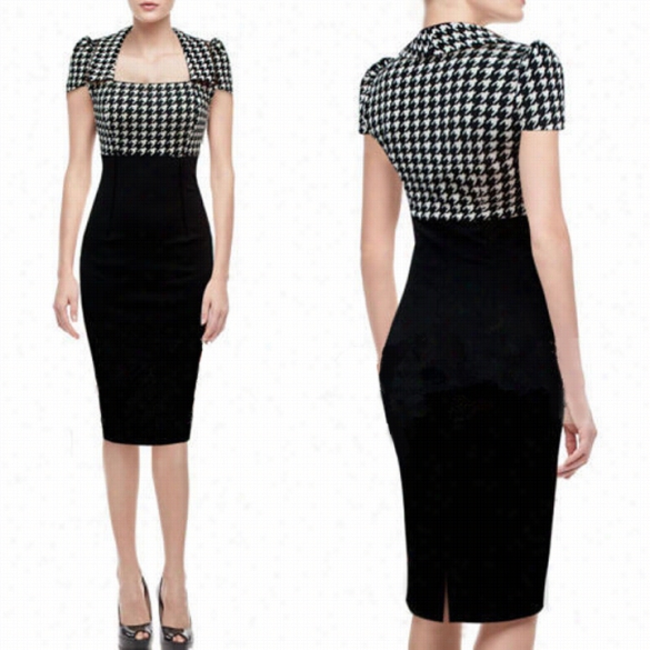 Women's Vintage Checked Redness Blck Party Odycon Sheath Pencil Dress