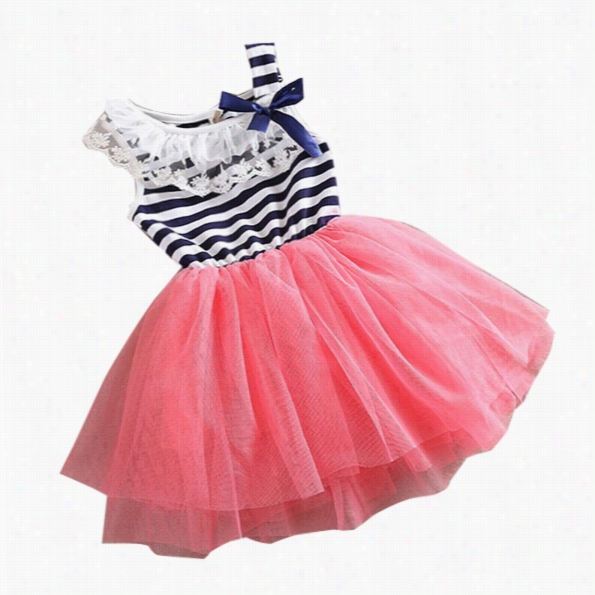 Girls Kids Stripe Net Yarn Bubble Dress Ball Gown Dress Lace + Cotton Material