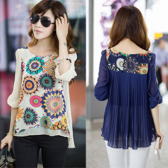 Hot Summer New Women Half Sleeve Blouse Back Pleats Retro Print Chiffon Shirt Tops