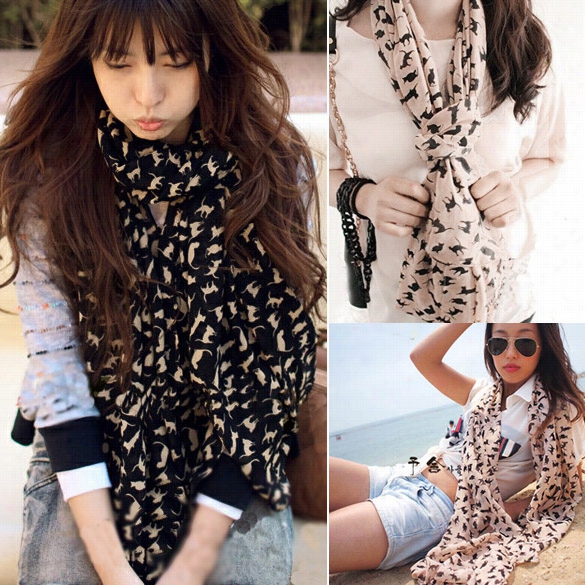 New Form  Hci Ffon Colorfu Sweet Cat Pattern Women's Long Scaf Neck Wrap Shawl