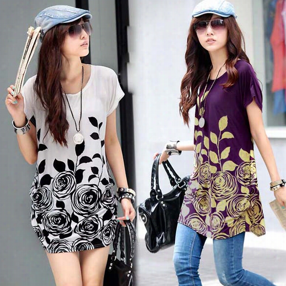 New Fashion Lass Short Sleeve Round Collar Loose Long T-shirt 4 Colors