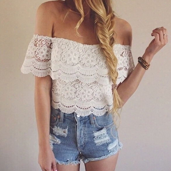 New Fashion Women's Sexy Lace Crochet Tops Off-shoulder Tee Shirt Casual Blouse