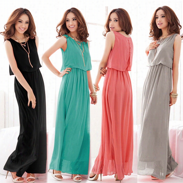 New Women Bohenmia Pleated Wave Lace Strap Princess Chiffon Maxi Long Dress Four Colors Hot Sell