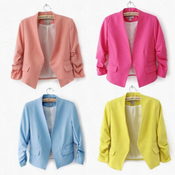 Stylish Women Ol Candy Color Th In Suite Outer Wear 3"4 Sleeve Coat Mini Blazer