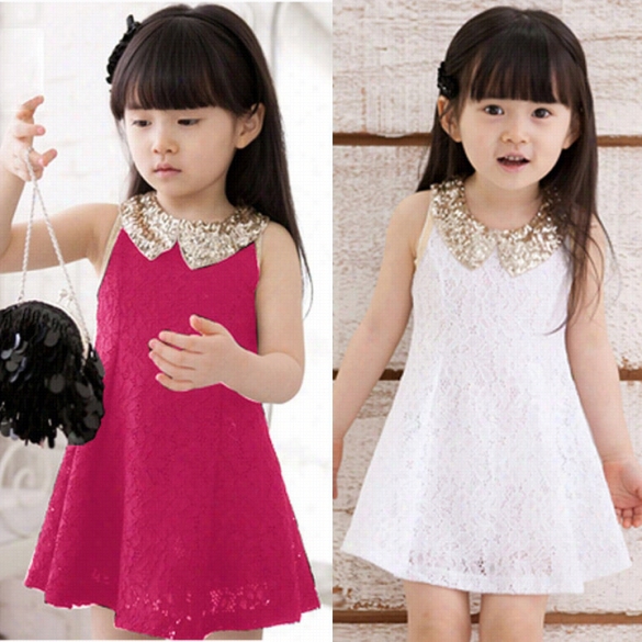 Summer Baby Kids Children's Girls Sleevelezs Sequins Collar Lace Vest Skirt Princess Dress Sundress