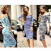 Ladies Half Sleeve Strapless Stripe Bodycon Stretch Party Pencil Dress