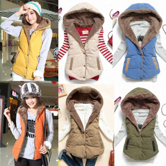 Winter Fashion Women's Fur Hoood Cotton Splicing Thick Warm Coat Jacket Vest