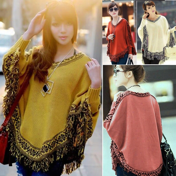 Women Batwing Sleeve Tassels Hem Style Clak Poncho Cape Tops Knittti Nng Sweater Coat Shawl