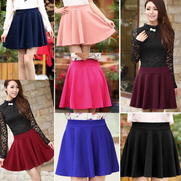 Women Candy Color Strdtch Waist Plain Skater Fl Ared Ple Ated Mini Skrt