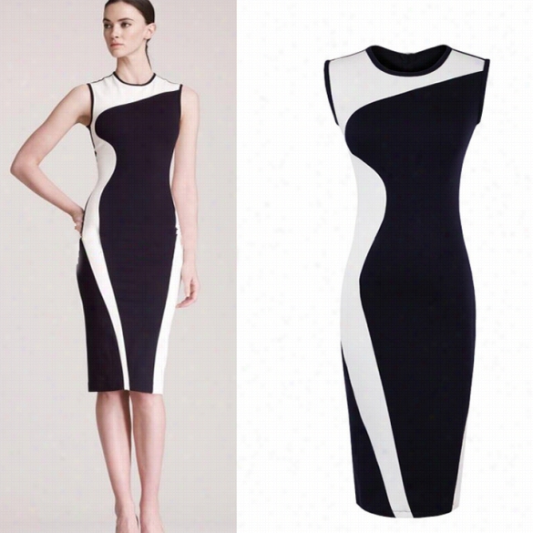 Women Geometry Design Sleeveless O-neck Stretchy Evening Slim Dress