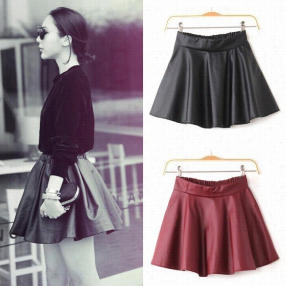 Women Retro Synthetic Leather High Waist Skater Flared Pleated Mini Skirt