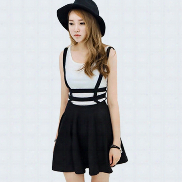 Women Sexy Pleated Suspender Skirt Braces Hollow Out Banndage Mini Skater Dress