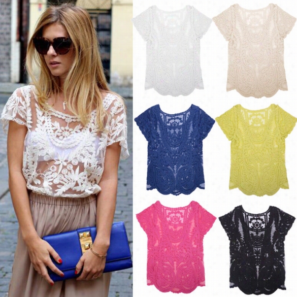 Women Summer Sexy Hollow-out Blouse Embroideredf Loral Lace Crochet Short Sleeve Shirt Knitwear