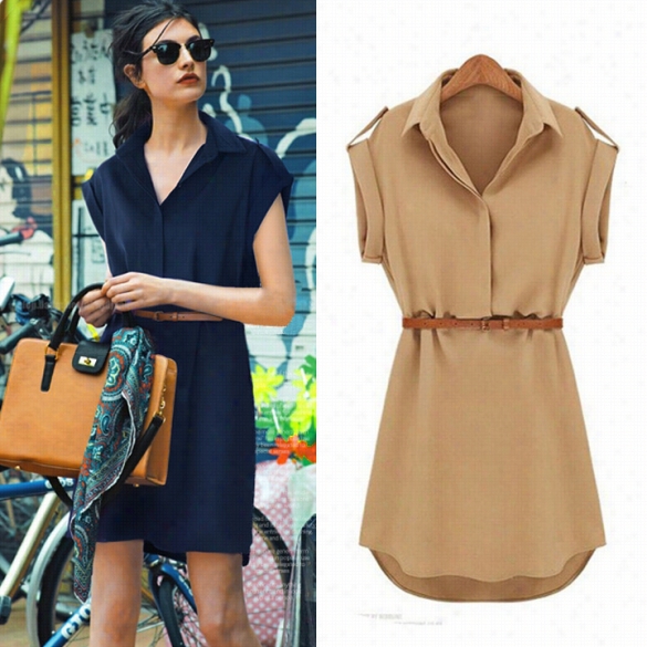 Women's Cap Sleeve Stretch Chifffin Casuaal Shirt Mini Dress With Belt