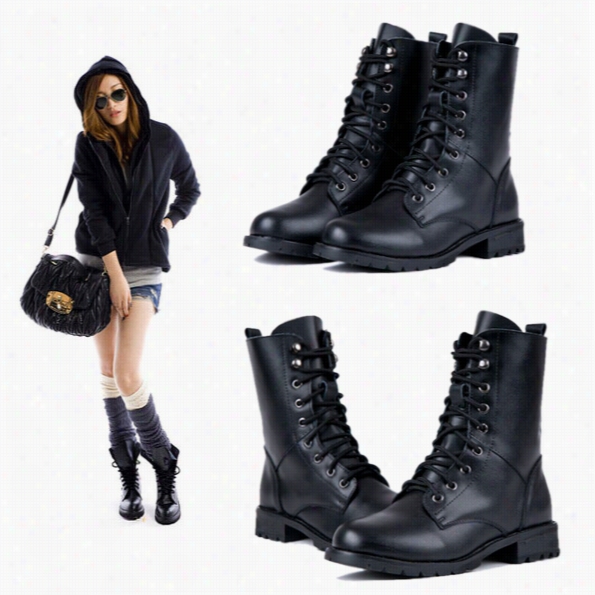 Women's Cool Black Ppunk Military Army Knight Lace-up Short Boots Shoes