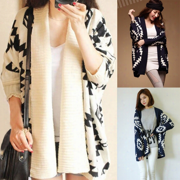 Women's Geometric Pattern Open Front Loose Sweater Wrap Cape Cardigan