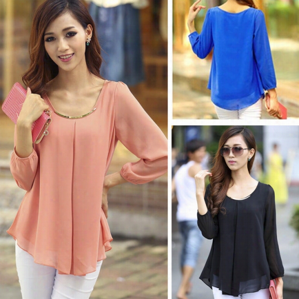 Women's Tops Long Sleeve Casual Chiffon Pleated Shirt Career Blous E