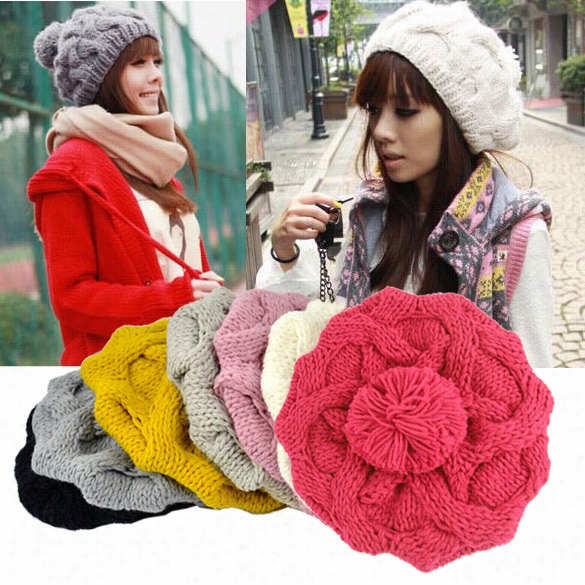 Women's Winter Heat  Knit Wool Hat Beanie Crocet Warm Pumpkin Ball Cap