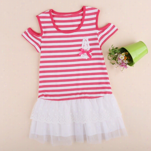 Arshiner Kids Lass's Wear Short Sleeve Off Shoulder Cute Striped Patchwork Dress