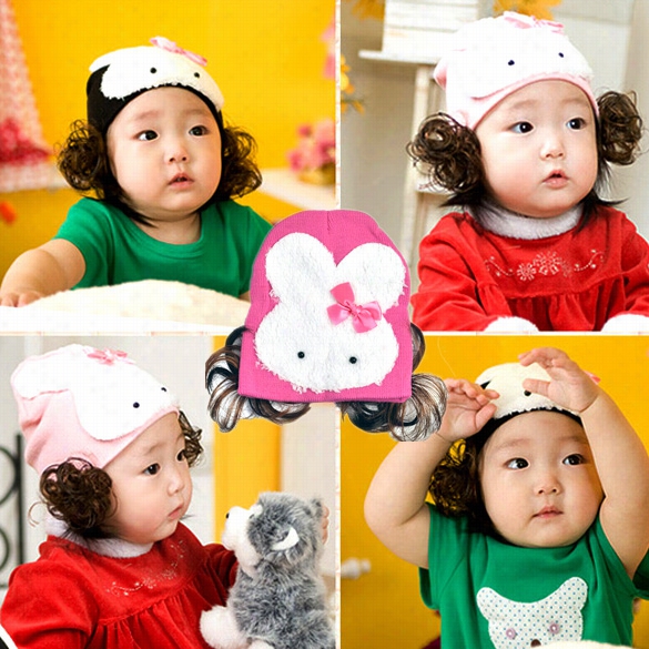 Fashion Baby Girls Chil Dren Animal Appliqe Knitting Cap With Hair  Cute Winter Hat