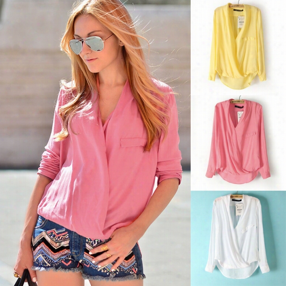 Fashion Trends Sexy New Summer Spring Autumn Women's Cross V Collar " V Neck Long Sleeve Shirt Leisure Ladies Blouse Loose Otps