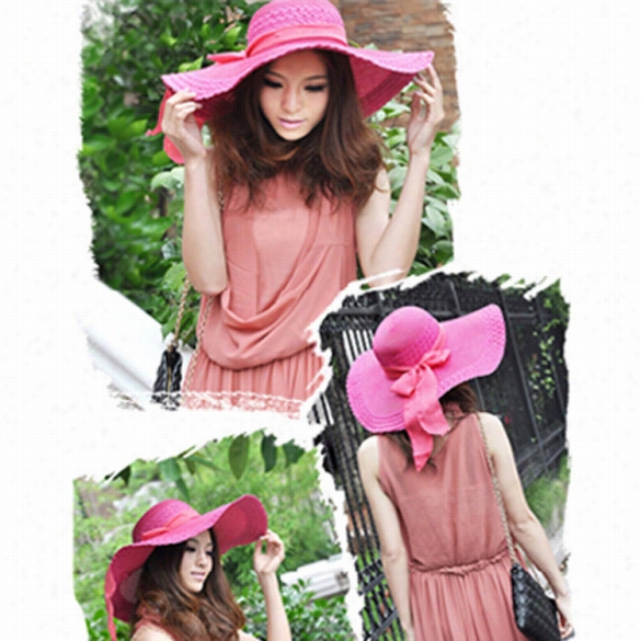 Fashion Women Summer Bohemian Casual Bowknot Straw Wide Brim Beach Hats