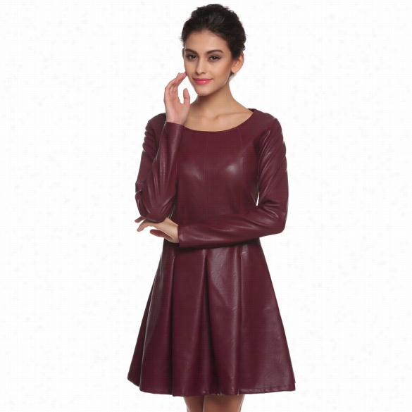 Fimejocool Women Casual Synthetic Leather Dress Slim O-neck Loong Sleeve Pleated Dress