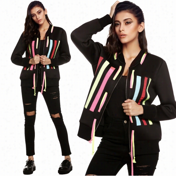 Fineuo Styy Lish Ladies Cool Colorful Vertical Stripe Hoodie  Stirng Long Sleeve Zippper Coat Jacket Top