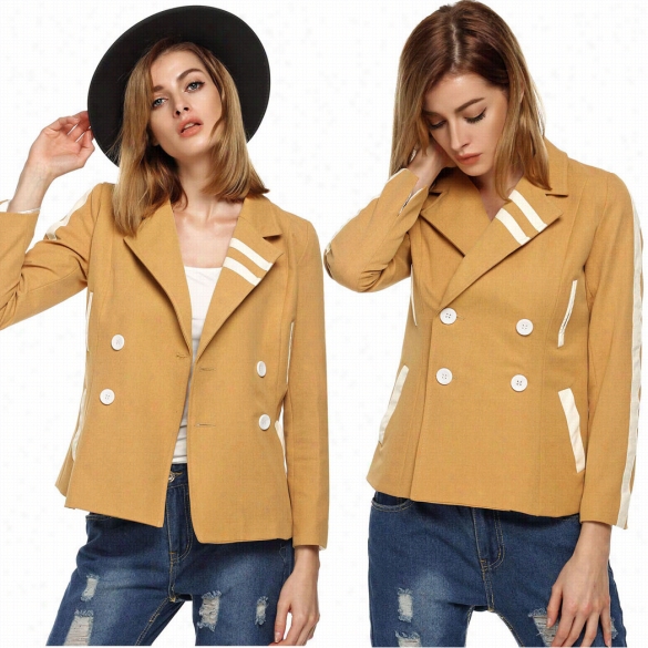 Finejo Stylish Wom En Casual Blazer Lapel Double Breasted Long Sleeve Patchwork Slim Coat Outwear