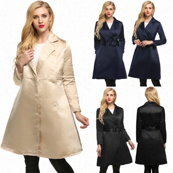 Finejo Women Fashion Elegant Notched Collar Solid Long Swing Trench Co At With Belt