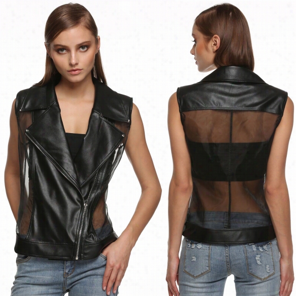 Finejo Women Fasihon Utrn Down Collar Zip-up Slim Fit Sexy Sheer Organza Patxhwork Rivet Faux Leather Vest