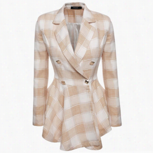 Finejo Women Plaid Dou Bl-breasted Flouncing Coat Casual Outerwear