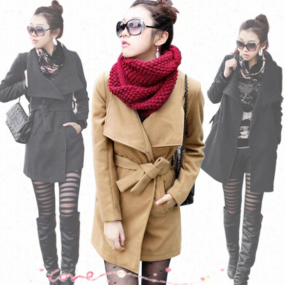 Hot New Women Korea Woolen Building Wide Lapels Cover Jacket Tops Tunic Blouse With Free Bbelt Fashoin 3 Colors