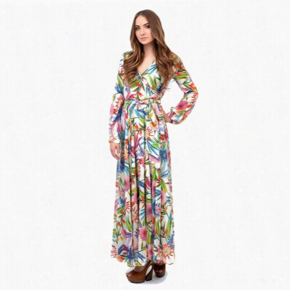 Lady Women Bohemian Ssexy Deep V-neck Floral Tunic Beach Cocktail Pleated Long Dress