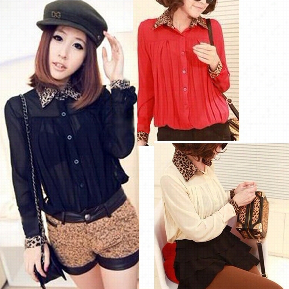 Long Sleeve Leopard Chiffon Shirts Wmoen Button Down Pleated Tops Blouse