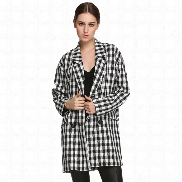 Meaneor Stylish Women Long Coat Double Breasted Slow Sleeve Pockets Plaid Outwear Top Overcoat
