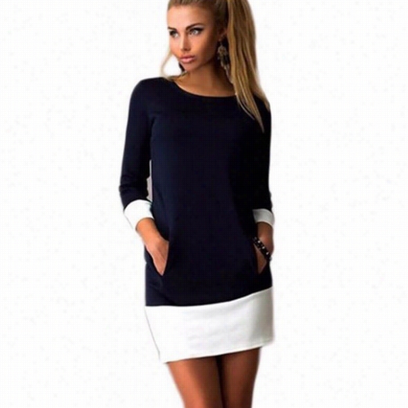 Meaneor Women Patchwork 3"4 Sleeve Casual Remit Mini Evasion Dress With Pockets