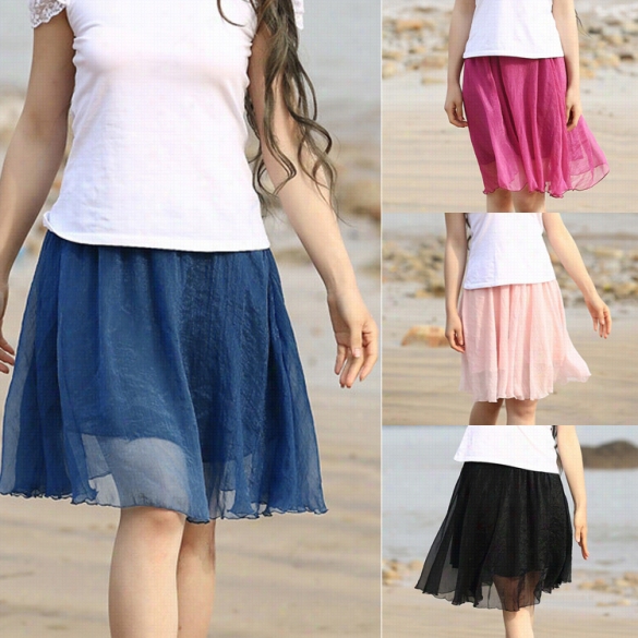 New Fashion Stylish Women's Elastic Waist Knee-length Chiffon Pleated Beach Skirt