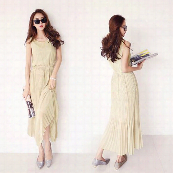 New Fashion Women O-nekc Sleeveless Slim Caasual Pleated Chiffon Polished Solid Dress