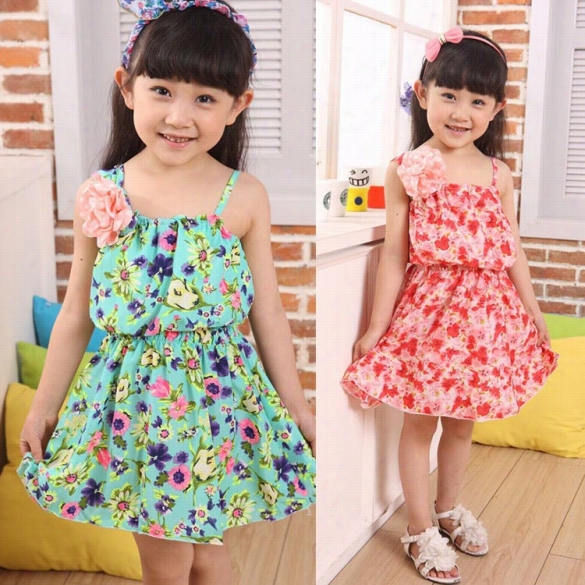 New Kids Girls Sweet Floral Sleeveless Elastic Wiast Big Flowrdecoration Spaghetti Strap Dress Sun Dress