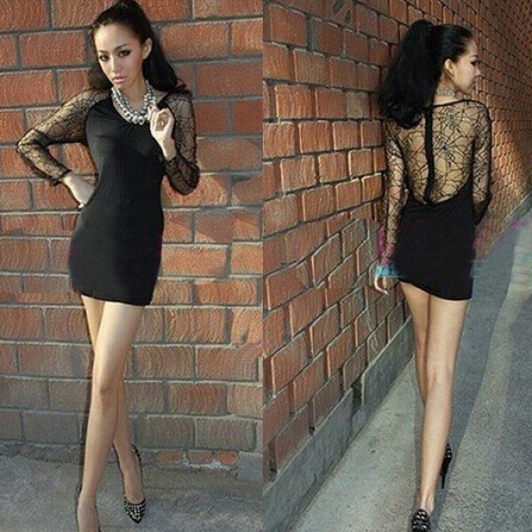 New Sexy Black Women Ladies Long Sleeve Perspective Lace Mini Party Prepare