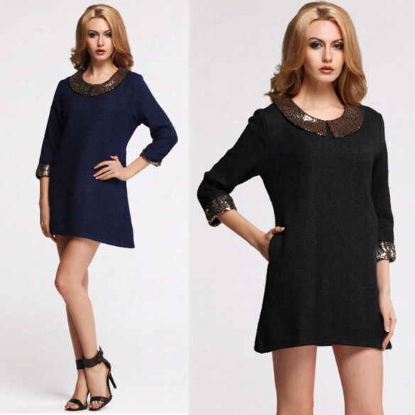 Nwe Stylish Lady Way 3&quo;4 Sleeve Paillette Sequins Loose Doll Collar Dress