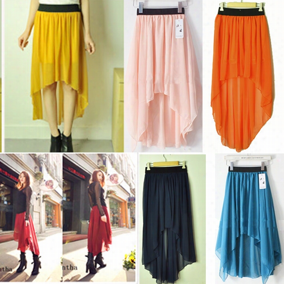 Unaccustomed Women Chiffon  Sexy Elegant Asymmetric Lkng Maxi Skirt Elastic Waist 7 Color