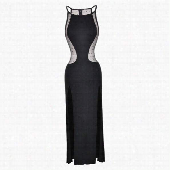 New Women's Fashion Sleeveless Sexy Mesh Slim Fitting Cocktail Pary Eve Black Long Dress Gown