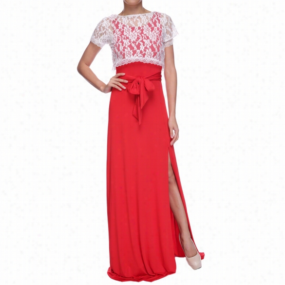 New Women's Ladies Sexy Short Seeve White Lace Tops + Cocktail Partyt Prom Slim Fittign Sleeveless Red Long Dress Gown With Belt