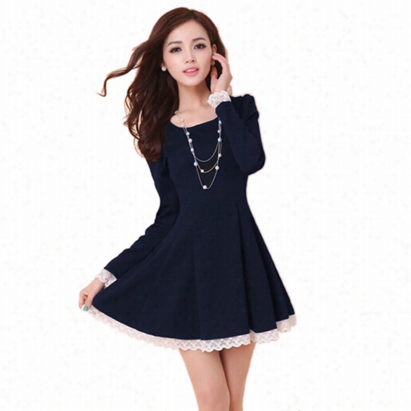 New Women's Slim Elegant Lace Patchwork Adjust O-neck Long Sleeve Dreess Party Sexy Dress