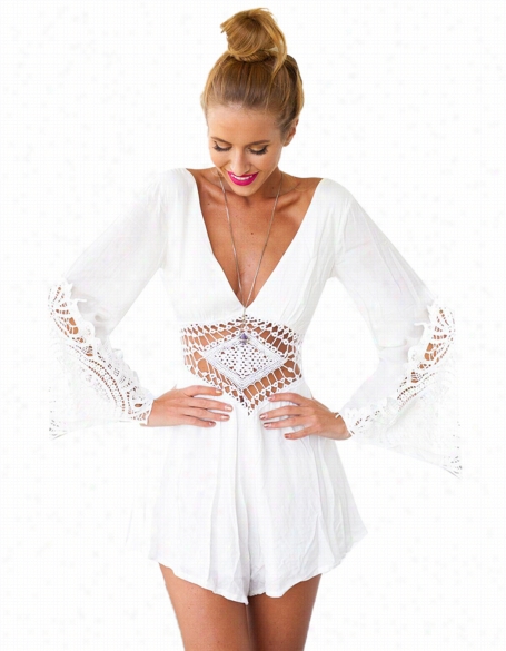 Sexy Deep V-neck Long Sleeve Backless Jumpsuit Lace Splice Hollow Out Short Mini Jumpsu It