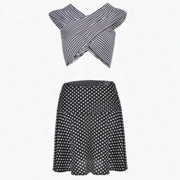 Sexy Lady Women Stripe V-neck Tops High Waist Polka Dot Pleated Skirt Suit